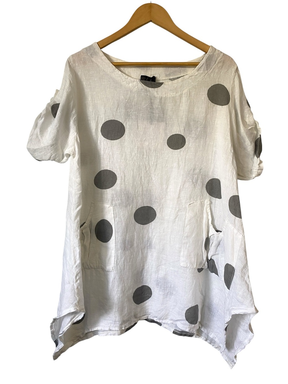 NWT Me & Gee White Polka Dot Linen Tunic Top short sleeve shirt Small
